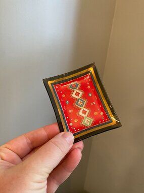 MCM Glass Mini Ring Trinket Tray With Red Geometric Design & Gold Trim